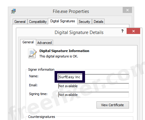 Screenshot of the SurfEasy Inc certificate